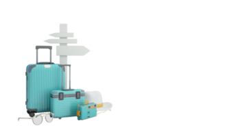 resa och äventyr och avgångskoncept på sommaren, omgiven av bagage, kamera, solglasögon, hatt med skoterbil och flygplan och världskarta. pastellfärger på webbbannerformulär. tecknad -3d rendering png