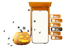 concept of ghost, pumpkin head, candle, broom and witch hat around a smartphone with white screen on black and orange pattern background, Halloween shopping online 3D rendering illustration png