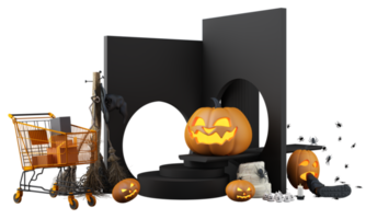 fröhliche halloween-partyplakate mit nachtwolken und kürbissen in karikaturillustration. Vollmond und Boo-Geist mit Spukhausplatz für Text. Broschüre Hintergrund. 3d-rendering-zeichentrickfigur png