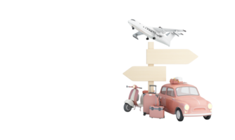 concept de voyage et d'aventure et de départ en été, entouré de bagages, appareil photo, lunettes de soleil, chapeau avec voiture scooter et avion et carte du monde. tons pastel sur le formulaire de bannière web. dessin animé - rendu 3d png