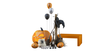 fröhliche halloween-partyplakate mit nachtwolken und kürbissen in karikaturillustration. Vollmond und Boo-Geist mit Spukhausplatz für Text. Broschüre Hintergrund. 3d-rendering-zeichentrickfigur png