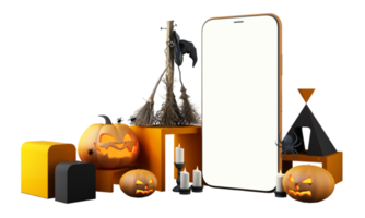 concepto de fantasma, cabeza de calabaza, vela, escoba y sombrero de bruja alrededor de un teléfono inteligente con pantalla blanca sobre fondo de patrón negro y naranja, compras de halloween en línea ilustración de representación 3d png