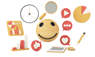 marketing digital, análisis web y concepto de marketing en redes sociales con reproducción, mensaje de chat, icono de amor, lupa y barra de visualización y cara sonriente. ilustración de renderizado 3d