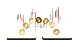 pièces d'or en monnaie numérique, il est enfermé autour d'un graphique en monnaie numérique avec des motifs de chandeliers à barres alternant de haut en bas avec l'écran du smartphone en arrière-plan. rendu 3D png