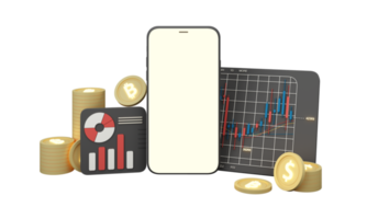 digitaal valuta goud munten het is ingesloten in de omgeving van een digitaal valuta tabel met bars kandelaar patronen afwisselend omhoog en naar beneden met smartphone scherm Aan achtergrond. 3d geven png