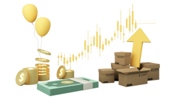 Einkaufswagen mit rotem Aufwärtspfeil, umgeben von Kartons und Aktiendiagrammen Geld als finanzielle Ersparnis, die in Inflations- und Unternehmensgewinnwachstumskonzept steigt. realistischer Breitbild-3D-Rendering png