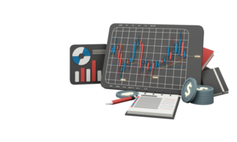 digital currency gold coins It is enclosed around a digital currency chart with bars candlestick patterns alternating up and down with smartphone screen on background. 3d render png