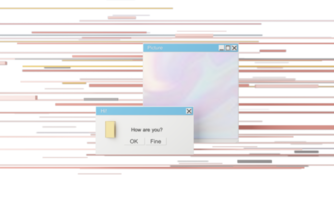 sfondo estetico astratto con finestre di messaggi di sistema in stile anni '90, vecchio computer vintage, mouse, tastiera, finestra di messaggi di sistema di icone pop-up su gradiente rosa e viola in stile y2k realistico rendering 3d png