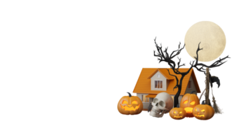 Happy Halloween party posters set with night clouds and pumpkins in cartoon illustration. Full moon and boo ghost with haunted house Place for text. Brochure background. 3d render cartoon character png