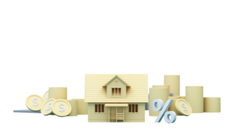 großes Pfeilsymbol höhere Zinssätze für Immobilienideen für Eigenheime Einsparungen bei Immobilien für finanzielle Stabilität und Wachstum und Platz für die Eingabe von Text auf gelbem Hintergrund, realistische 3D-Darstellung. png