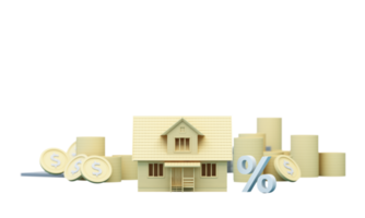 grote pijl symbool hogere rentetarieven voor huis onroerend goed ideeën besparingen op onroerend goed van financiële stabiliteit en groei en ruimte voor het invoeren van tekst op een gele achtergrond, realistische 3D-rendering. png