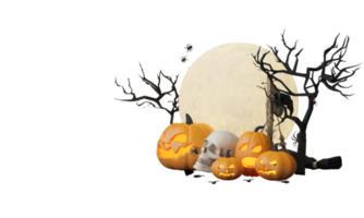 Happy Halloween party posters set with night clouds and pumpkins in cartoon illustration. Full moon and boo ghost with haunted house Place for text. Brochure background. 3d render cartoon character png