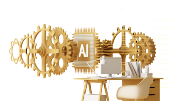 mesa de trabalho amarela com computador portátil no futuro que funciona com inteligência artificial e tecnologia moderna. os objetivos da empresa trabalham duro. no chip e circuito ai de fundo. renderização em 3D png