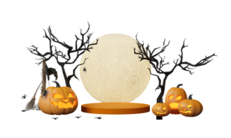 contento Halloween festa manifesti impostato con notte nuvole e zucche nel cartone animato illustrazione. pieno Luna e fischio fantasma con frequentato Casa posto per testo. opuscolo sfondo. 3d rendere cartone animato personaggio png