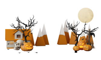 affiches de fête d'halloween heureux sertie de nuages de nuit et de citrouilles en illustration de dessin animé. pleine lune et fantôme boo avec place de maison hantée pour le texte. arrière-plan de la brochure. personnage de dessin animé de rendu 3d png