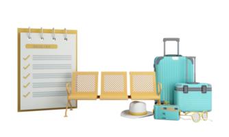 formulario de seguro de viaje, paraguas de concepto de viaje y protección rodeado de equipaje, cámara, gafas de sol, sombrero con scooter y pasaporte de avión de coche en fondo amarillo 3d renderizar ilustración
