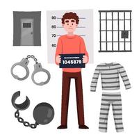 Jailer Prisoner Man Objects Collection Set with Handcuffs and Suits vector
