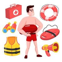 Security Guard Lifeguard Tool Equipment Objects with Lifebuiy, Binocular, Life Vest and Medical Kit vector