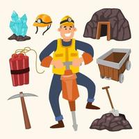 Miner Tools Equipment Object find minerals and gold working in tunnel with helmet, pickaxe, dynamite, shovel, cave, crystal vector