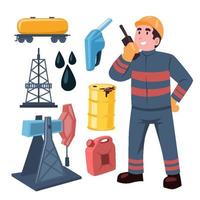 Oil Rig Job Worker Character Tool Equipment Objects with petroleum oil, barrel, gasoline jerrycan, oil tank truck, offshore, oil drop and pump. Flat Illustration vector