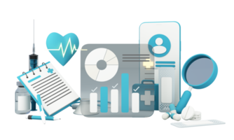 sjukförsäkringskoncept med ord täckning, skydd, risk och säkerhet onlinemedicin på en virtuell skärm och en tecknad trähand som trycker på en knapp, isolerad på blå bakgrund 3d-rendering png