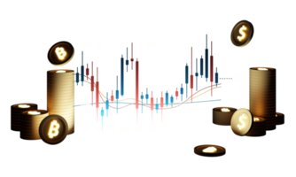 digital currency gold coins It is enclosed around a digital currency chart with bars candlestick patterns alternating up and down with smartphone screen on background. 3d render png