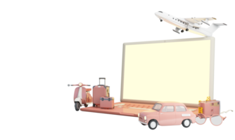 reise- und abenteuer- und abreisekonzept im sommer, umgeben von gepäck, kamera, sonnenbrille, hut mit rollerauto und flugzeug und weltkarte. Pastelltöne im Web-Banner-Formular. Cartoon-3D-Darstellung png