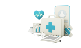 Krankenversicherungskonzept mit Worten Deckung, Schutz, Risiko und Sicherheit Online-Medizin auf einem virtuellen Bildschirm und einer Cartoon-Holzhand, die einen Knopf berührt, isoliert auf blauem Hintergrund 3D-Rendering png