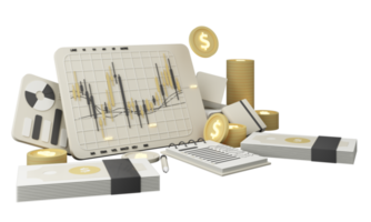 Einkaufswagen mit rotem Aufwärtspfeil, umgeben von Kartons und Aktiendiagrammen Geld als finanzielle Ersparnis, die in Inflations- und Unternehmensgewinnwachstumskonzept steigt. realistischer Breitbild-3D-Rendering png