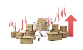 Einkaufswagen mit rotem Aufwärtspfeil, umgeben von Kartons und Aktiendiagrammen Geld als finanzielle Ersparnis, die in Inflations- und Unternehmensgewinnwachstumskonzept steigt. realistischer Breitbild-3D-Rendering png