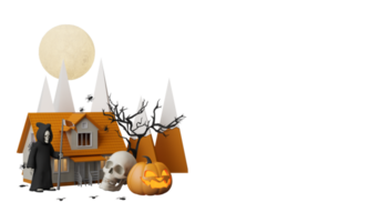 Lycklig halloween fest posters uppsättning med natt moln och pumpor i tecknad serie illustration. full måne och bua spöke med besatt hus plats för text. broschyr bakgrund. 3d framställa tecknad serie karaktär png