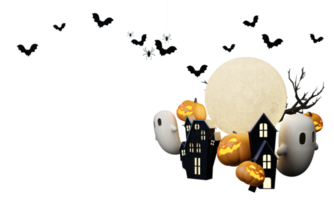 Lycklig halloween fest posters uppsättning med natt moln och pumpor i tecknad serie illustration. full måne och bua spöke med besatt hus plats för text. broschyr bakgrund. 3d framställa tecknad serie karaktär png