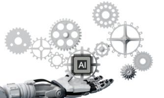 organismo cibernético robô trabalha com interface hud virtual na realidade e chip ai com roda dentada. robô humanóide com rosto de plástico pressiona na tela digital. conceito futuro. renderização em 3D png