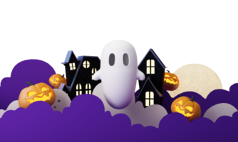 Happy Halloween party posters set with night clouds and pumpkins in cartoon illustration. Full moon and boo ghost with haunted house Place for text. Brochure background. 3d render cartoon character png