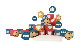 marketing digital, análisis web y concepto de marketing en redes sociales con reproducción, mensaje de chat, icono de amor, lupa y barra de visualización y cara sonriente. ilustración de renderizado 3d