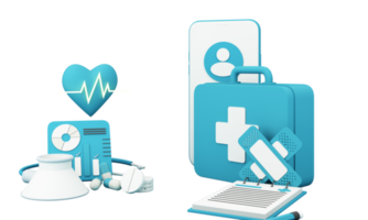 Krankenversicherungskonzept mit Worten Deckung, Schutz, Risiko und Sicherheit Online-Medizin auf einem virtuellen Bildschirm und einer Cartoon-Holzhand, die einen Knopf berührt, isoliert auf blauem Hintergrund 3D-Rendering png