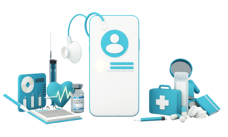 concepto de seguro de salud con palabras cobertura, protección, riesgo y seguridad medicina en línea en una pantalla virtual y una mano de madera de dibujos animados tocando un botón, aislado en la representación 3d de fondo azul
