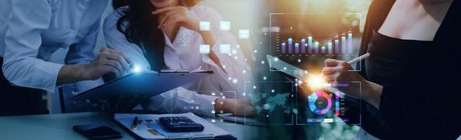 Analyst working with Business Analytics and Data Management System on computer, make a report with KPI and metrics connected to database. Corporate strategy for finance, operations, sales, marketing. photo