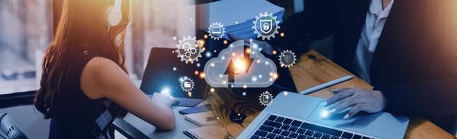 man showing virtual screen with cloud computing diagram. Cloud technology. Data storage. Networking and internet service concept. photo