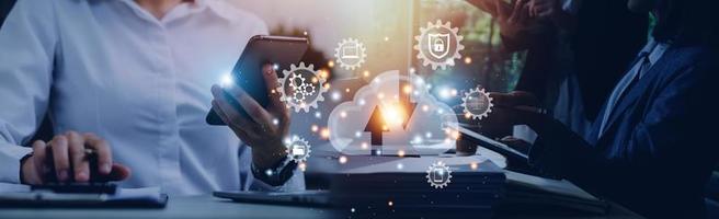 man showing virtual screen with cloud computing diagram. Cloud technology. Data storage. Networking and internet service concept. photo