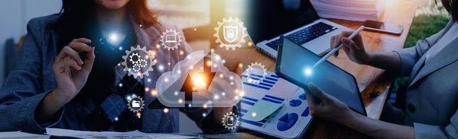 man showing virtual screen with cloud computing diagram. Cloud technology. Data storage. Networking and internet service concept. photo