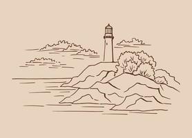 faro. ilustración dibujada a mano convertida en vector. vector de ilustración de boceto de paisaje gráfico de la costa del mar.