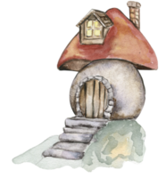 Watercolor cartoon fairy tale mushroom house with wooden door. Watercolor hand draw fairy tale illustration. Illustartion with white isolated background. Perfect for greeting card, poster. png