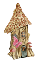 Watercolor cartoon  house with wooden door for fairy. Cute hand painted fairy tale illustration for greeting cards, prints, post cards and souvenirs. Illustartion isilated on white background. png