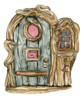 Watercolor cartoon  house  door for fairy. Cute hand painted fairy tale illustration for greeting cards, prints, post cards and souvenirs. Illustartion isilated on white background. png