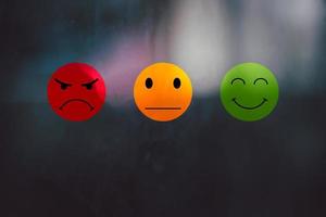 Customer Experience dissatisfied Concept, Unhappy Businessman Client with Sadness Emotion Face on virtual screen, Bad review, bad service dislike bad quality, low rating, social media not good. photo