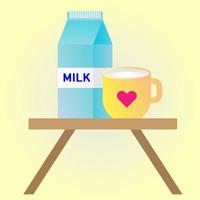 vector ilustrador de una caja de leche y taza con leche sobre la mesa.