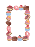 ilustração em aquarela de moldura retangular de bolos, frutas de sobremesa, chocolate, bolos em forma de coração, cupcake, elementos de design de comida de padaria doce para decoração de casa, cartões, convite png