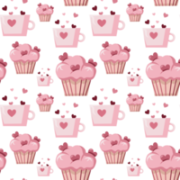 Seamless Valentine's Day pattern with hearts, pink cream cupcake and mug with hearts png