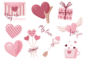 Valentines day stickers set, love symbol objects and cute lettering. png